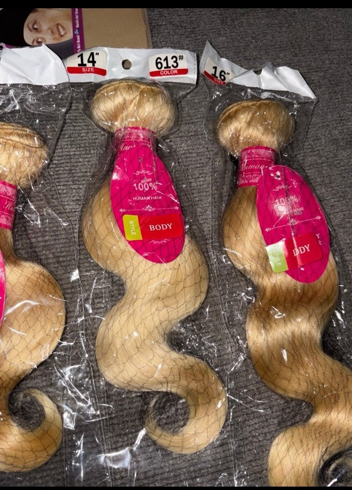 3 Bundles of 100% 613 Blonde Human Hair Extensions Body Wave with Lace Closure